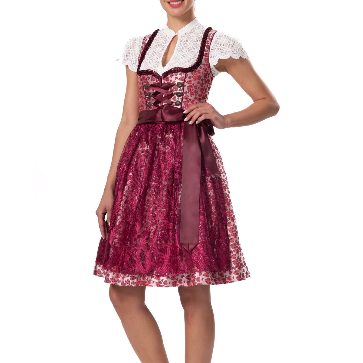 Women Dirndl Midi Traditional Dress With Lace Apron