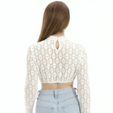 Women's White Dirndl Blouse Long Sleeves Round Neck Lace